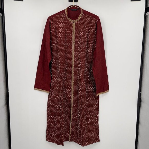 Benzer Traditional Maroon Embroidered Kurta with Gold Trim Mens — Size 40 - Picture 1 of 11